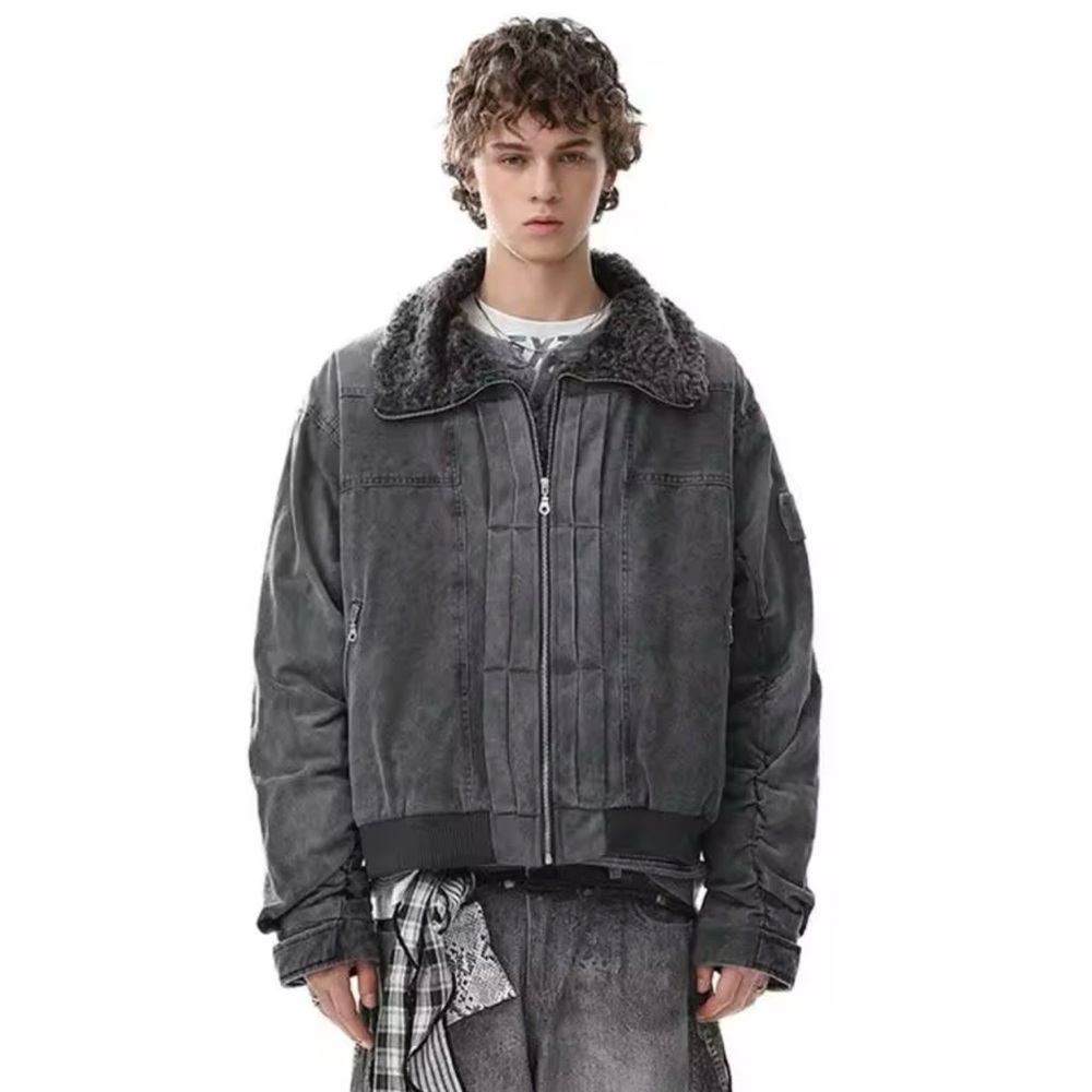 Men's Charcoal Bomber Jacket with Shearling Collar